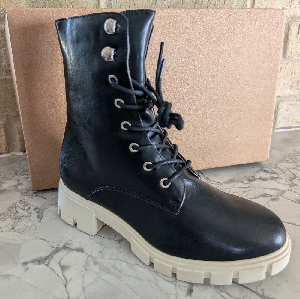 Black Faux Leather Lace-Up Boots